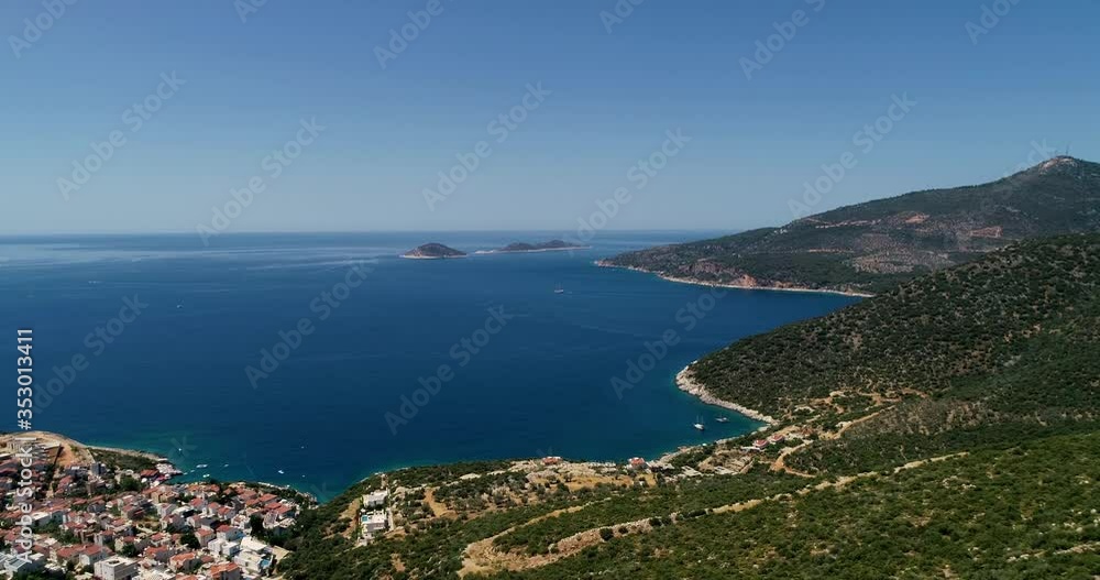 Kalkan drone view from above, sea and mountains. Town Kalkan, Mediterranean Coast, Turkey Kalkan drone view from above, sea and mountains. Town Kalkan, Mediterranean Coast, Turkey