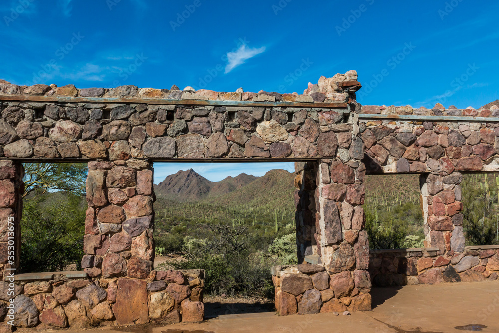 Framed View of The Sonaron Desert and Tuscon Mountains Through Window of The Bowen Stone Homestead Ruins, Tuscon Mountain Park, Tuscon, Arizona, USA