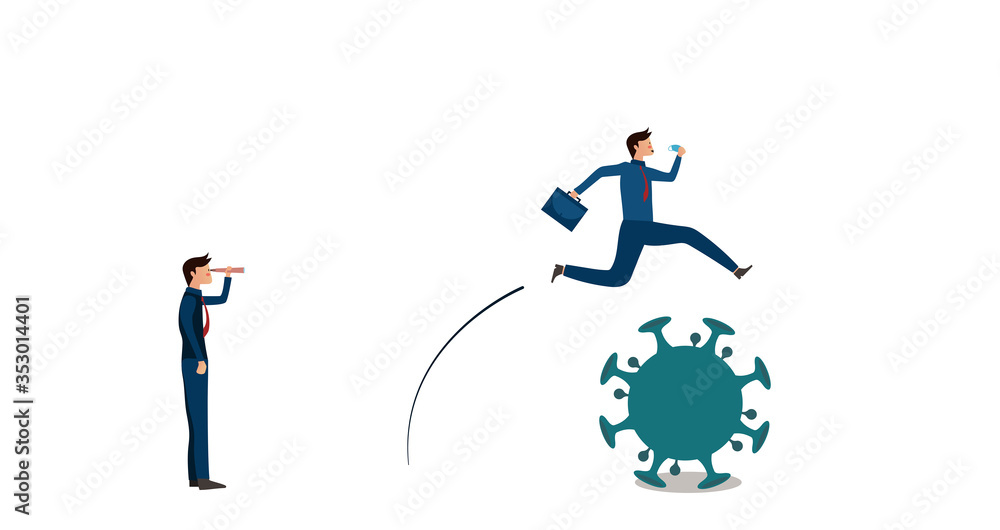 Businessmen carrying office bags and mask are jumping over the coronavirus,another one standing and looking Businessmen carrying office bags and mask are jumping over the coronavirus,another one standing and looking