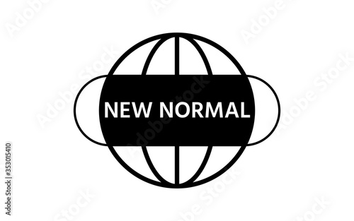 New normal concept word and world globe background banner, What will be The new normal after COVID-19 concept disruption human lifestyle,World map wearing mask isolate on white background,New behavior