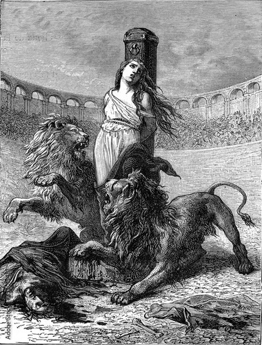 Fototapeta Holy Blandine delivered to the beasts. vintage illustration.