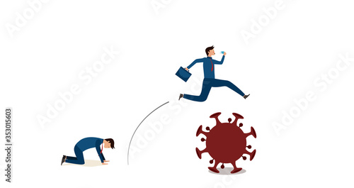 Business vision,What will be new normal after COVID-19 concept disruption human lifestyle,Businessmen carrying office bags and mask are jumping over the coronavirus,another one kneel and Hopeless