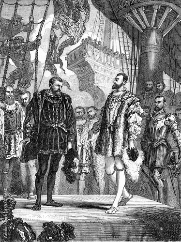 Meeting of Francois I and Charles V, vintage illustration. photo