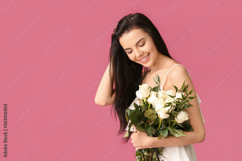 Beautiful young woman with bouquet of roses on color background Beautiful young woman with bouquet of roses on color background