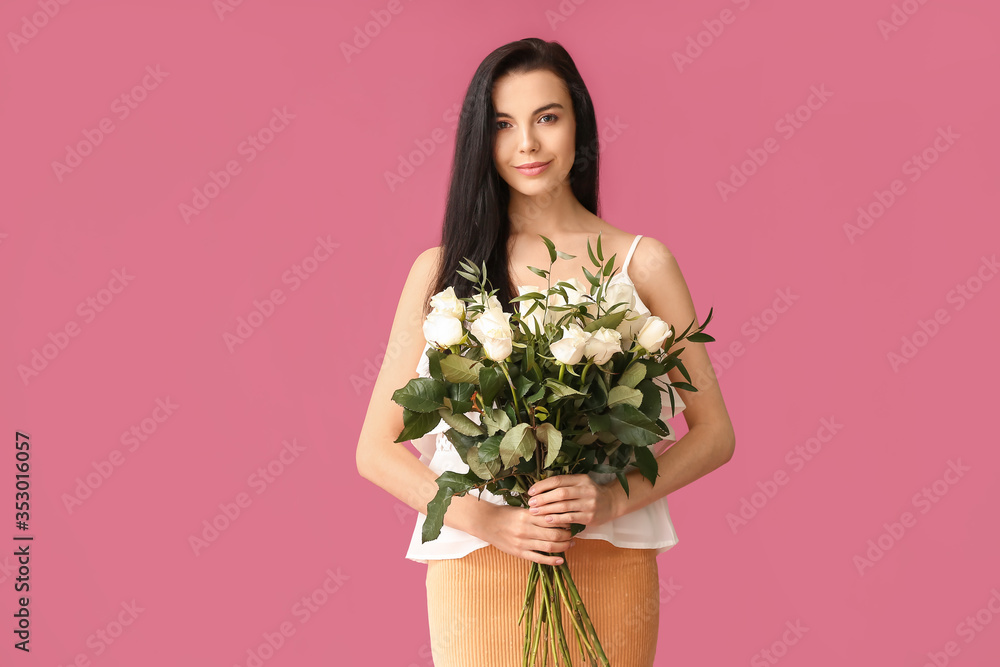 Beautiful young woman with bouquet of roses on color background Beautiful young woman with bouquet of roses on color background