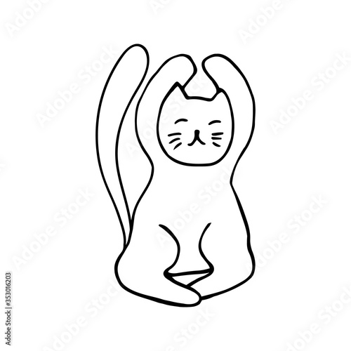 Adorable hand drawn cat sitting in yoga pose. Isolated on white background drawing for textile prints, child poster, cute stationery.