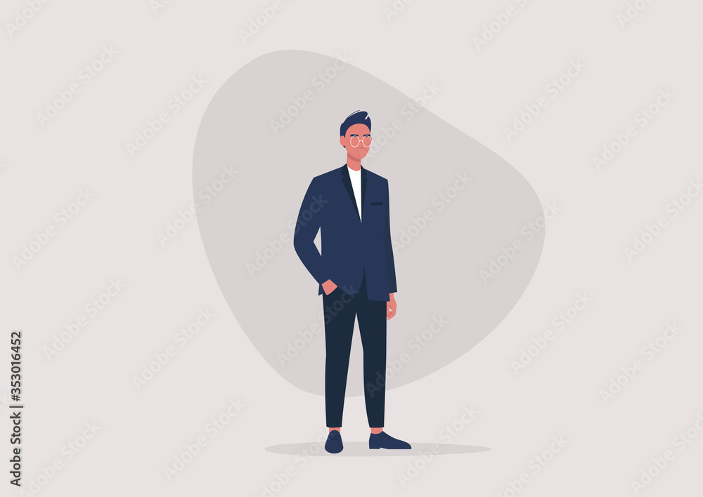 A full length illustration of a young male character wearing a formal business suit, millennial lifestyle, men fashion A full length illustration of a young male character wearing a formal business suit, millennial lifestyle, men fashion