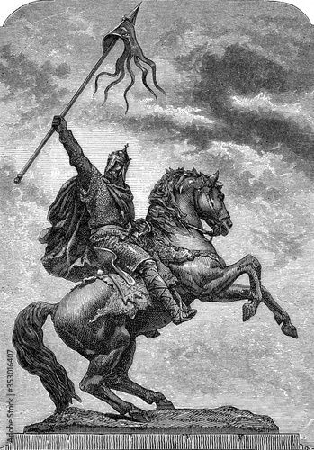 Statue of William the Conqueror at Falaise, vintage illustration.