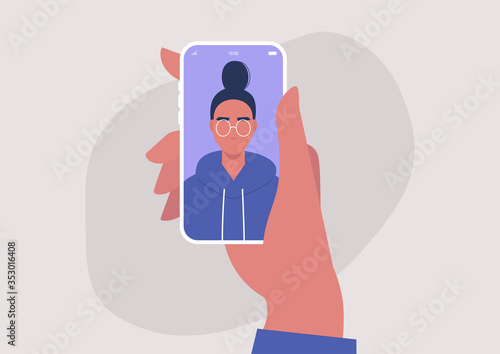 A portrait of a young female character on a mobile screen, millennial lifestyle, gadgets, online video call