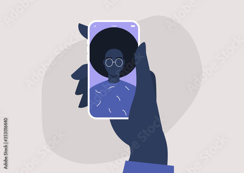 A portrait of a young black female character on a mobile screen, millennial lifestyle, gadgets, online video call