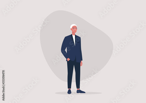 A full length illustration of a young male character wearing a formal business suit, millennial lifestyle, men fashion