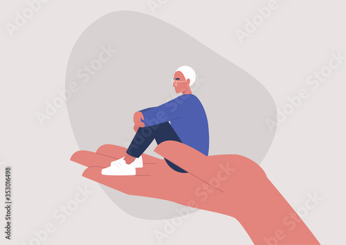 A young male character sitting on a hand palm, psychotherapy, help and support, a counseling session