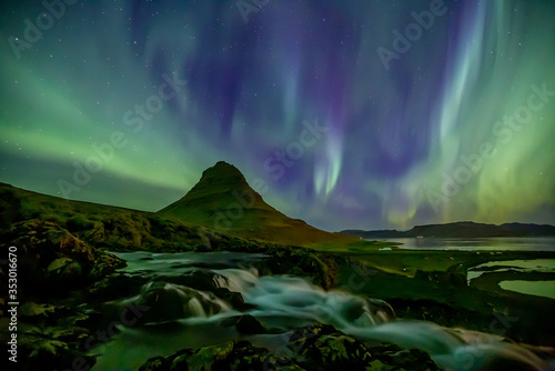 Iceland landscape at night with aurora