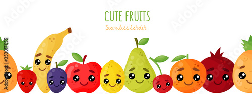 Emoji seamless border. Smiley emoticons fruits and berries: orange, lemon, pineapple, apple, pear, plum, strawberry, cherry, banana, pomegranate. Isolated vector illustration with different character
