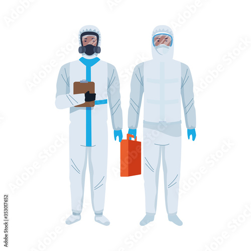 workers wearing biosafety suits characters