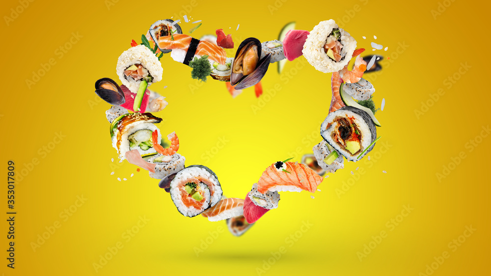 Flying sushi set love heart valentine japan food sashimi salmon tuna rice delicious Flying sushi set love heart valentine japan food sashimi salmon tuna rice delicious