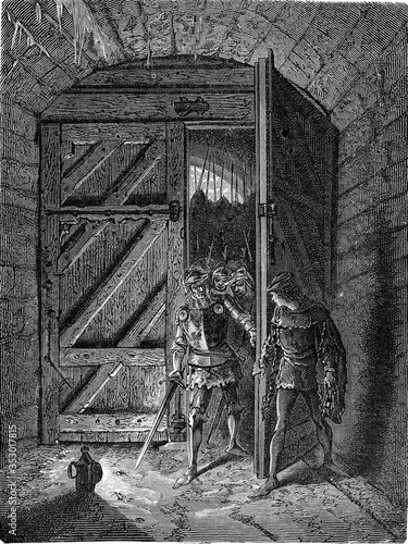 Perrinet Leclerc opening at night the Buci door to the Burgundians, vintage illustration. photo