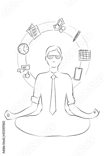 mental health office worker mindfulness sitting yoga relax healthy stress free concept hand drawn sketch