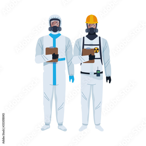 workers wearing biosafety suits characters