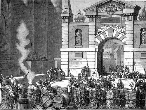 Barricade at Saint-Antoine gate, vintage illustration.