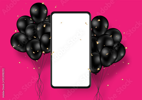 Phone mobile mockup black color with blank screen decorated with balloon black isolated on pink background. Vector illustration.
