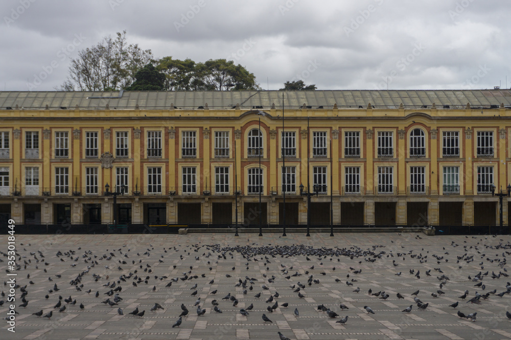 Plaza with pigeons without people in quarantine