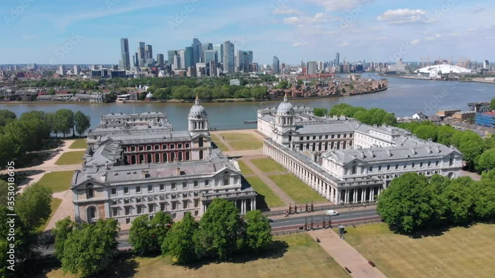 Stationary Aerial Shot of The Old Royal Naval College, Trinity College of Music and Greenwich University. Rare Footage, No People On Campus. Stationary Aerial Shot of The Old Royal Naval College, Trinity College of Music and Greenwich University. Rare Footage, No People On Campus.