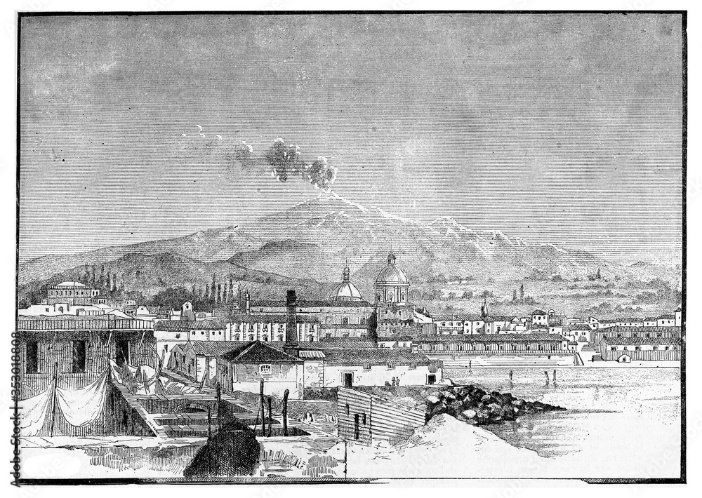 Etna view taken from Catania, vintage illustration. - obrazy, fototapety, plakaty 