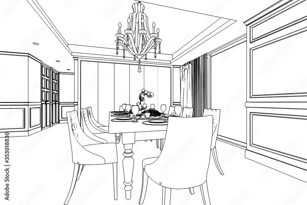 outline sketch drawing interior perspective of house