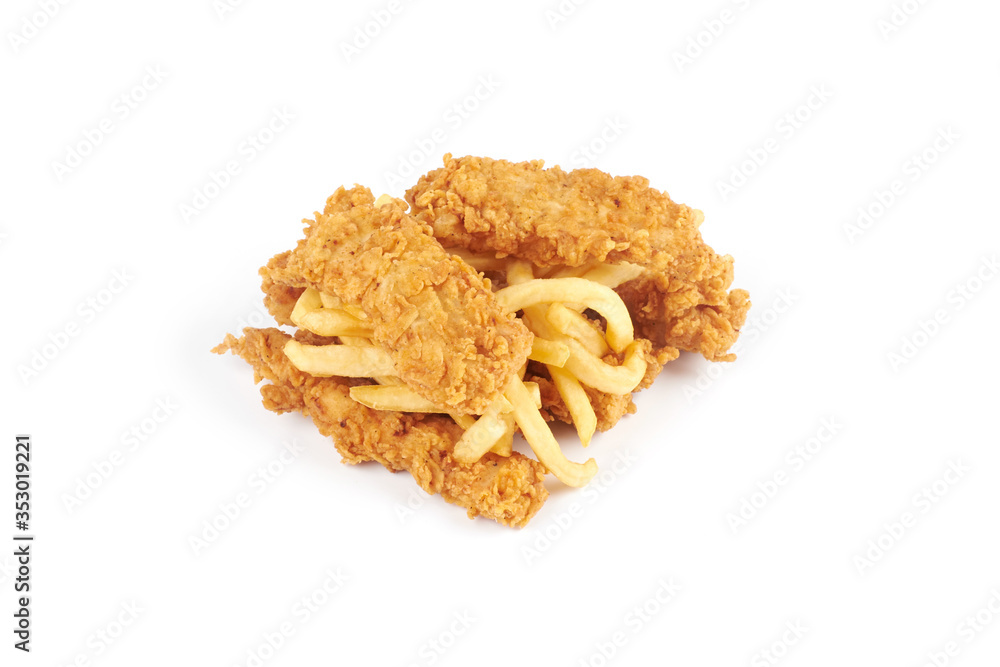 Fried chicken and french fries isolated on a white background Fried chicken and french fries isolated on a white background