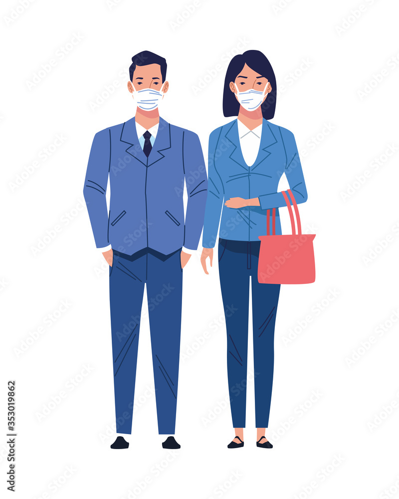 business couple using medical masks characters business couple using medical masks characters
