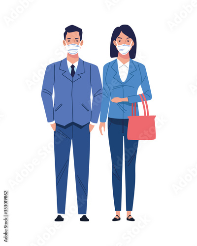 business couple using medical masks characters