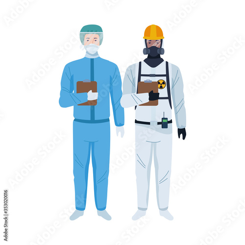 workers wearing biosafety suits characters