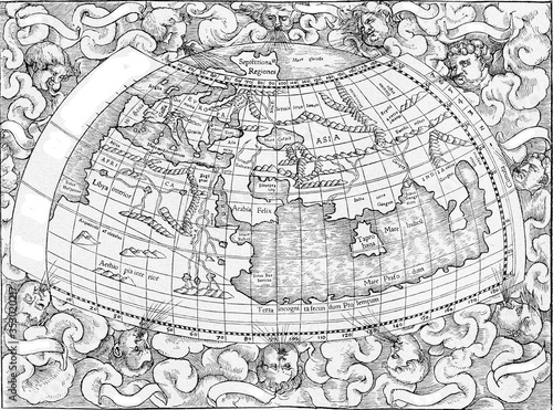 Ptolemy Geography World Map. Bale Edition of 1545, vintage illustration. photo