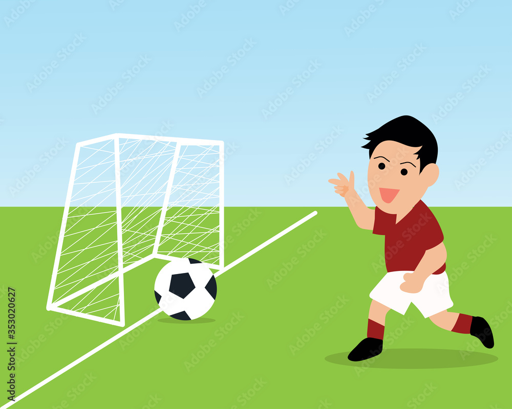 Fototapeta premium Cute young and happy boy is playing football. He is shooting a ball to goal. Cartoon vector style for your design