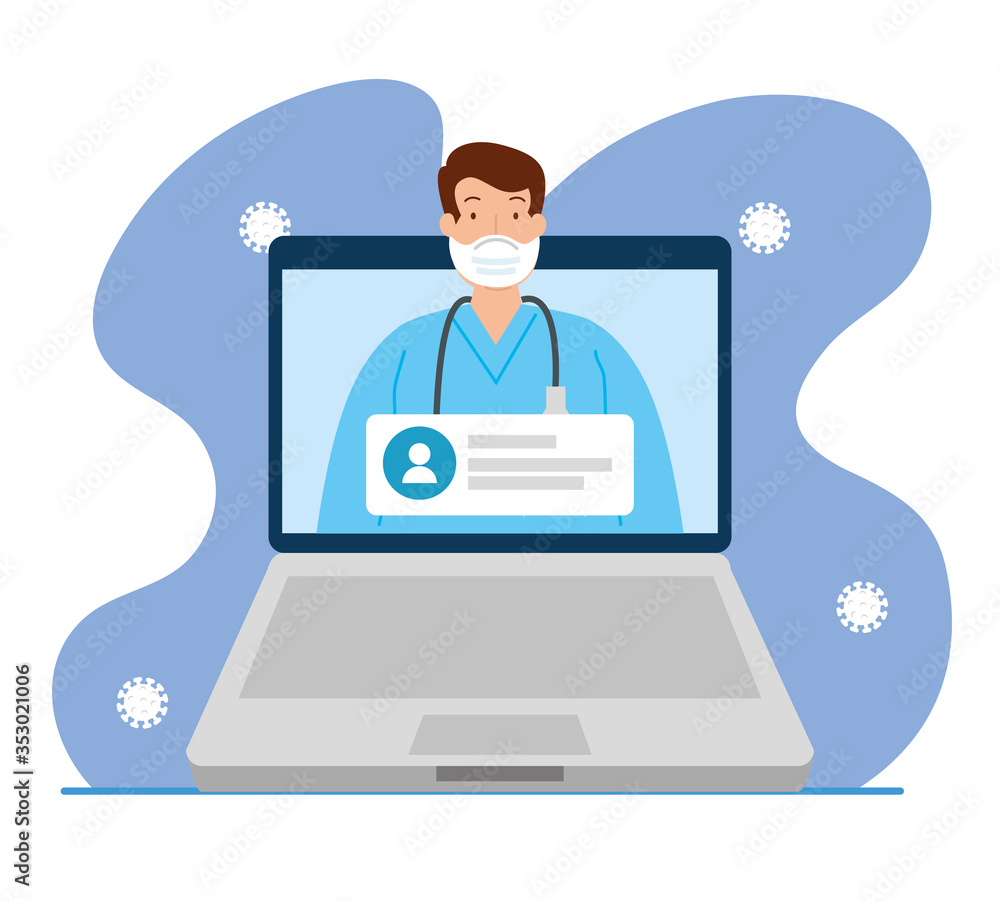 medicine online, doctor consults in laptop online, covid 19 pandemic vector illustration design
