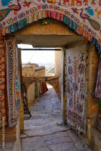 january 2020,jaisalmer,rajasthan,india
Colorful  cloths displayed by the shops in the streets of  jaisalmer fort