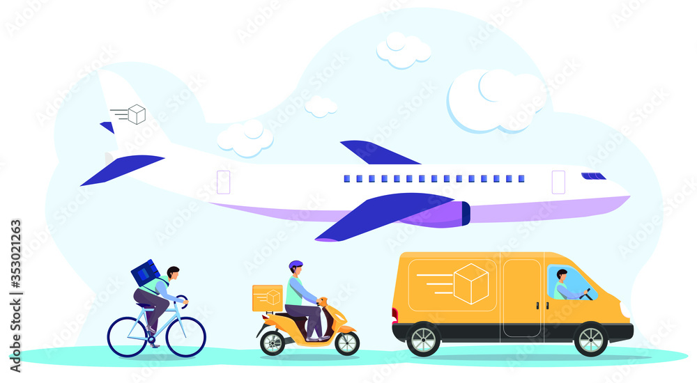 nline delivery service concept, online order tracking, delivery home and office. Warehouse, truck, airplane, and bicycle courier, delivery man . Vector illustration