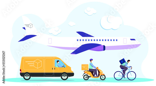 nline delivery service concept, online order tracking, delivery home and office. Warehouse, truck, airplane, and bicycle courier, delivery man . Vector illustration