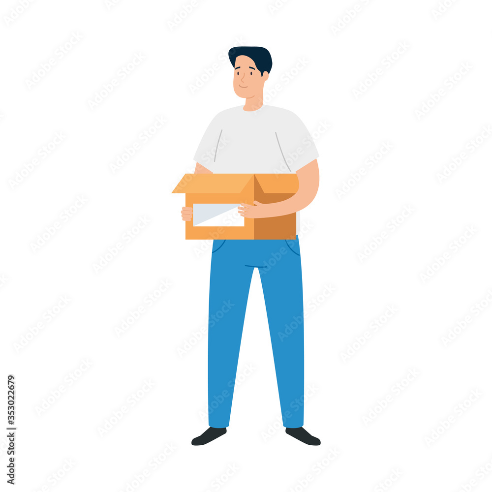 young man with box on white background vector illustration design