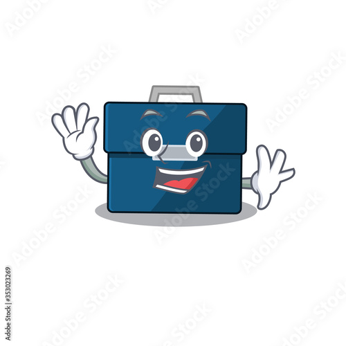 A charming business suitcase mascot design style smiling and waving hand