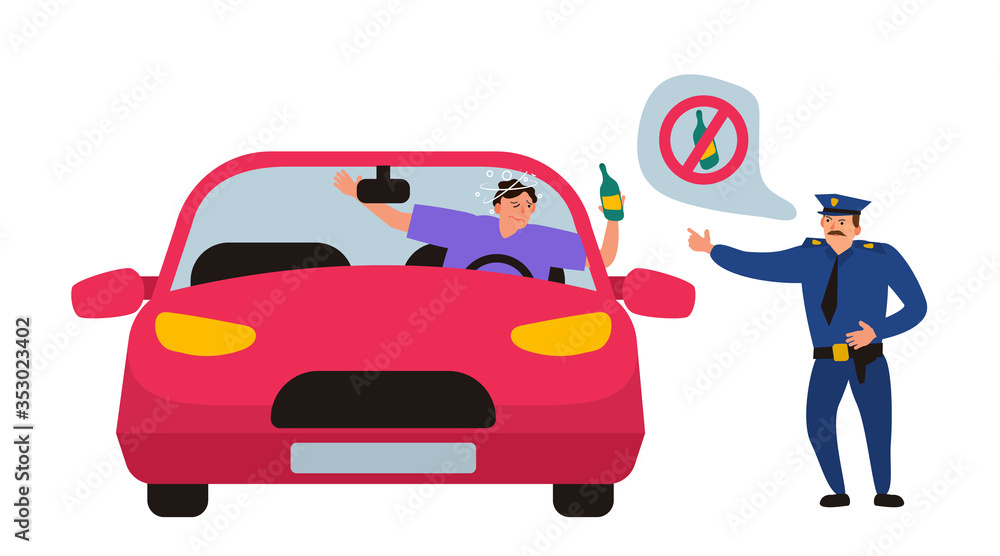 a policeman stopped drunk driver in car with bottle of alcohol vector illustration a policeman stopped drunk driver in car with bottle of alcohol vector illustration