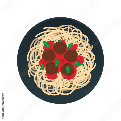 spaghetti with meatballs tomato sauce on plate on white background top view
