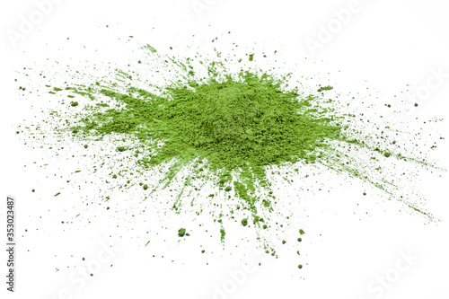 Heap of powdered matcha tea isolated on a white background. 