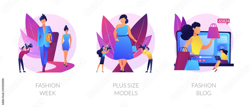 Obraz Women clothes design flat icons set. Beauty blogger, women apparel vlog, couture clothing. Fashion week, plus size models, fashion blog metaphors. Vector isolated concept metaphor illustrations.