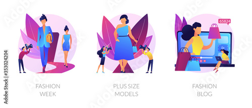 Women clothes design flat icons set. Beauty blogger, women apparel vlog, couture clothing. Fashion week, plus size models, fashion blog metaphors. Vector isolated concept metaphor illustrations.