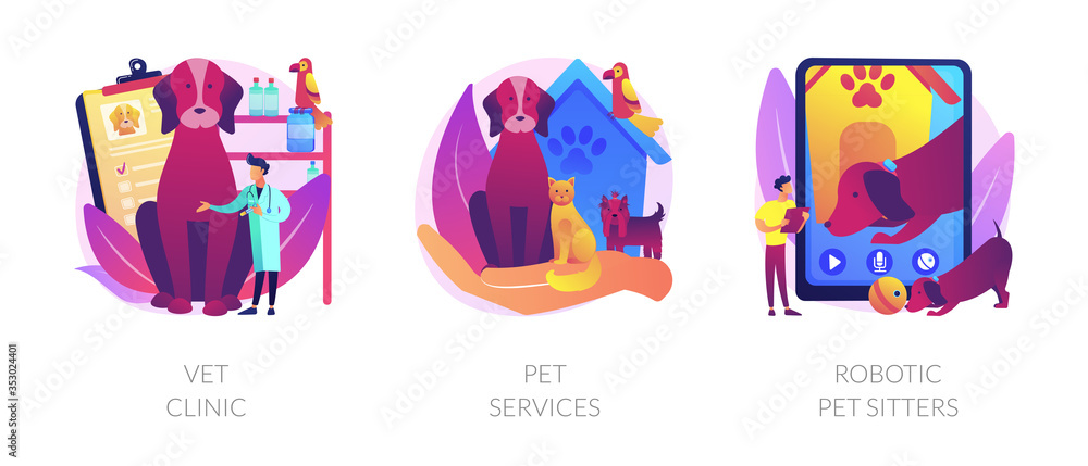 Veterinary hospital services and domestic animals hotels. Dogs grooming and health check center. Vet clinic, pet services, robotic pet sitters metaphors. Vector isolated concept metaphor illustrations