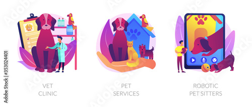 Veterinary hospital services and domestic animals hotels. Dogs grooming and health check center. Vet clinic, pet services, robotic pet sitters metaphors. Vector isolated concept metaphor illustrations