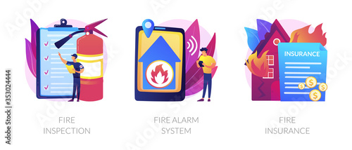 Firefighter equipment, notification technology control. Real estate damage compensation. Fire inspection, fire alarm system, fire insurance metaphors. Vector isolated concept metaphor illustrations