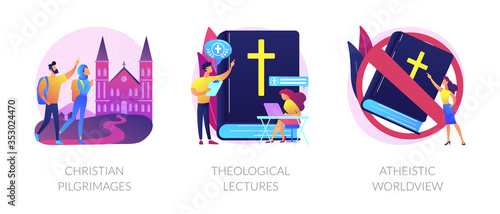 Religious tourism, visiting holy places. Church values promotion. Christian pilgrimages, theological lectures, atheistic worldview metaphors. Vector isolated concept metaphor illustrations photo